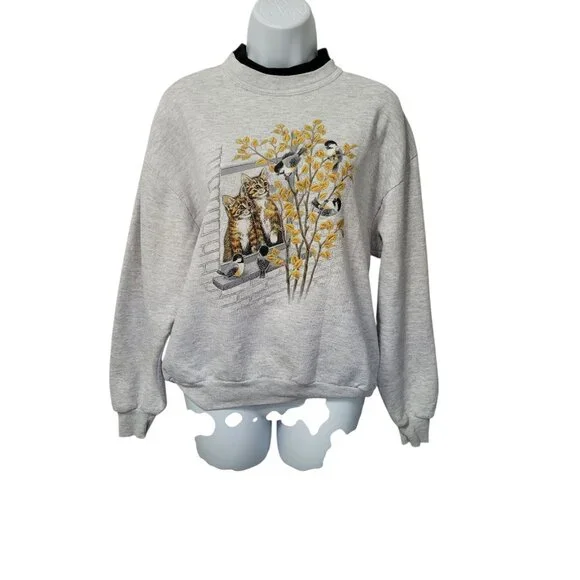 Vtg 90s Kitty Cat Double Crewneck Sweatshirt Medium Grandma Core Cats Birds USA - Picture 12 of 15